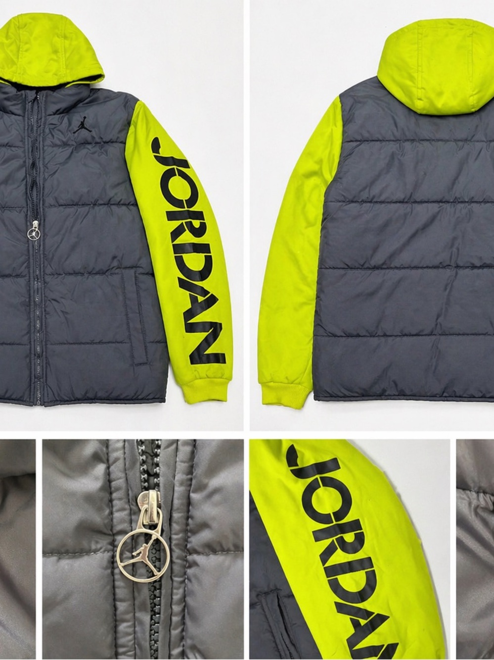 Jordan Hooded Puffer Jacket in Neon Yellow and Gray